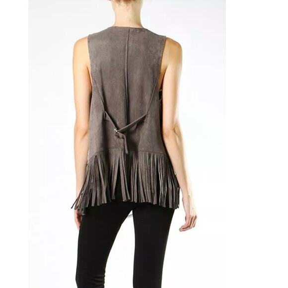 Ryu Boho Fringe Vest Sz Large Taupe Faux Suede Crochet Trim Festival Layering - Picture 3 of 11